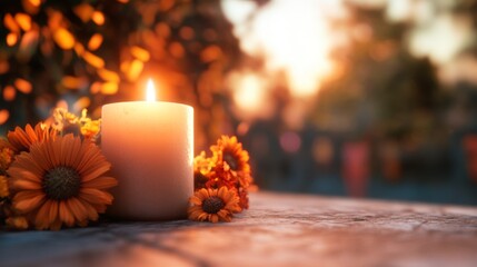 Wall Mural - A candle is lit on a table with orange flowers