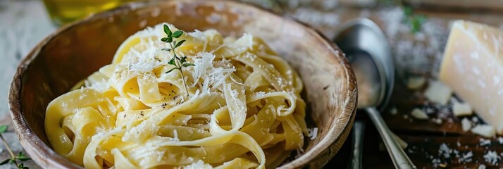 Canvas Print - Image of tagliatelle pasta topped with a creamy parmesan sauce and garnished with thyme.