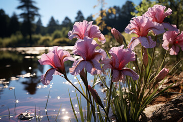 Poster - Irises bloom by a pond, their reflections adding to the visual splendor. Concept of mirrored beauty and serene environments. Generative Ai.