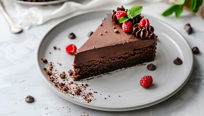 Wall Mural - Delicious chocolate cake on plate on table on light background