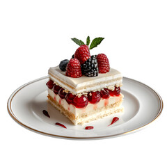 Colorful bulgarian dessert with fresh berries on a fancy plate against a clear background