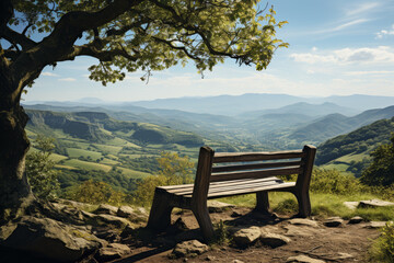 Poster - A solitary bench overlooking a picturesque valley, where the only sound is the whisper of the wind. Concept of scenic serenity and panoramic peace. Generative Ai.