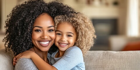 Smiling African American mother and daughter hugging on a couch, showcasing a loving family moment in a cozy home setting.