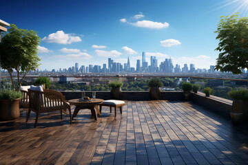 Sticker - A deserted rooftop terrace overlooking the city, where the only movement is the shifting of clouds in the sky. Concept of elevated isolation and urban stillness. Generative Ai.