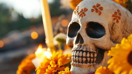 A skull is surrounded by orange flowers and candles