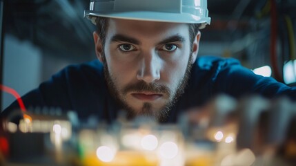 Wall Mural - a focused electrical engineer analyzing circuit diagrams on a laptop, with a light solid color backg