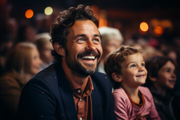 Poster - A father attending his child's school play, beaming with pride as they perform on stage. Concept of parental support and celebrating achievements. Generative Ai.