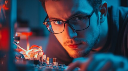 Wall Mural - a focused electrical engineer analyzing circuit diagrams on a laptop, with a light solid color backg