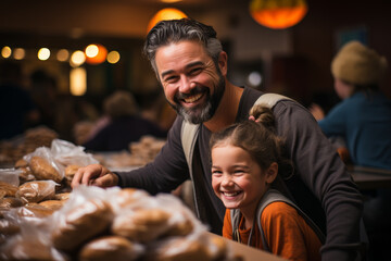 Canvas Print - A dad volunteering at his child's school fundraiser, lending a helping hand to support their education. Concept of community involvement and parental dedication. Generative Ai.