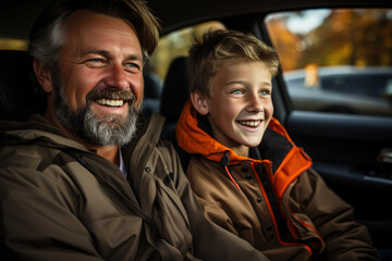 Sticker - A father giving his teenager driving lessons, calmly instructing them as they navigate the road. Concept of trust-building and milestone moments. Generative Ai.