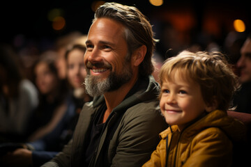 Poster - A dad attending his child's music recital, listening proudly as they showcase their talent on stage. Concept of parental encouragement and artistic support. Generative Ai.