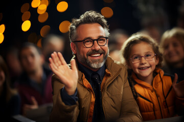 Wall Mural - A dad cheering on his child at a spelling bee competition, applauding their efforts regardless of the outcome. Concept of parental pride and unconditional support. Generative Ai.