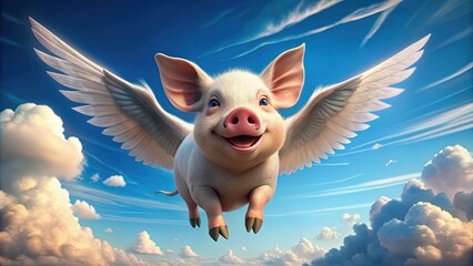 Whimsical illustration of a smiling pig soaring through a bright blue sky, surrounded by fluffy white clouds, with wings sprouting from its back.