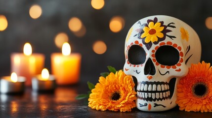 Wall Mural - A skull with flowers and candles on a table