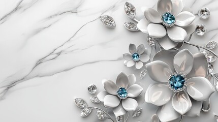 Wall Mural - White Flowers with Blue Gems on Marble Background