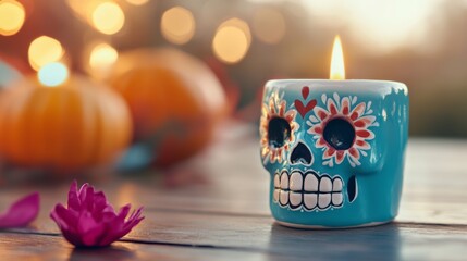 Wall Mural - A blue skull candle sits on a wooden table next to a pink flower