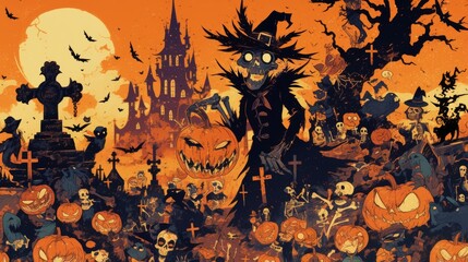 Wall Mural - A Halloween themed drawing of a graveyard with a skeleton holding a pumpkin