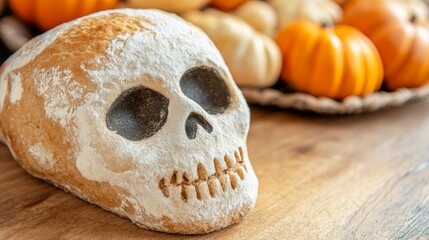 Wall Mural - A skull is sitting on a table next to a tray of pumpkins