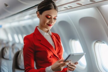 Aufkleber - The flight attendant in red checks her tablet, ready to assist passengers in the airplane cabin. Generative AI