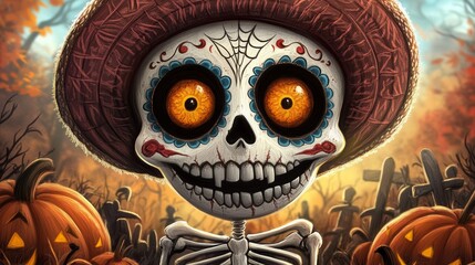 Wall Mural - A skeleton wearing a sombrero and smiling with pumpkins in the background