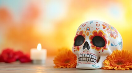 Wall Mural - A skull with flowers painted on it sits on a table next to a candle