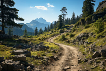 Poster - A quiet mountain trail winding through the wilderness, offering solitude and communion with nature. Concept of remote exploration and natural beauty. Generative Ai.