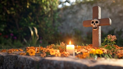 Sticker - A cross with a skull on it is lit by a candle