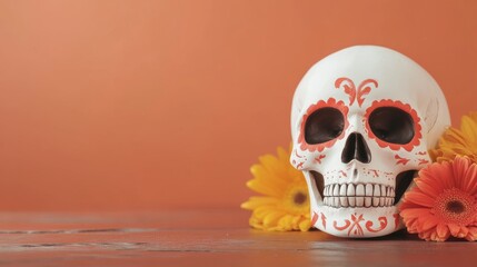 Wall Mural - A white skull with red paint on it is on a table with yellow flowers