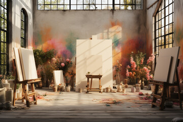 Wall Mural - An empty art studio with canvases waiting to be filled, bathed in the soft glow of natural light. Concept of creative solitude and artistic potential. Generative Ai.