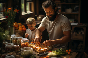 Sticker - A dad packing lunches for his kids, carefully selecting each item with love and care. Concept of parental responsibility and providing for one's family. Generative Ai.