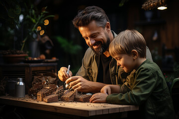 Canvas Print - A dad building a birdhouse with his kids, teaching them woodworking skills and fostering creativity. Concept of hands-on learning and parental guidance. Generative Ai.