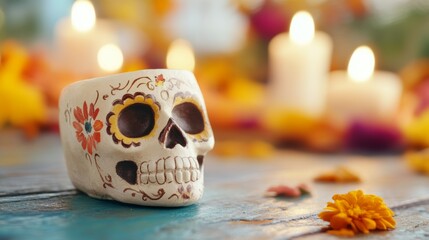 Wall Mural - A skull with flowers painted on it sits on a table next to candles