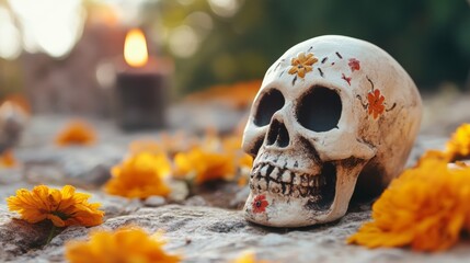 Wall Mural - A skull is sitting on a rock with orange flowers around it