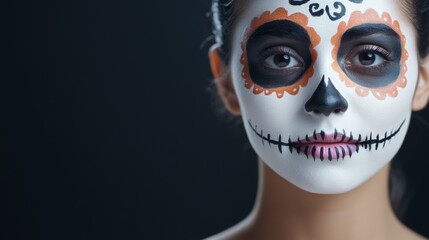 Wall Mural - A woman with a white face and black and orange makeup