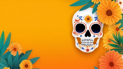 Wall Mural - A skull with flowers surrounding it on an orange background