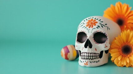 Wall Mural - A skull with flowers and eggs on a green background