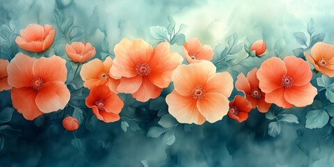 Canvas Print - Vibrant Floral Fusion: Seafoam and Coral Watercolor Art, generative ai