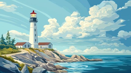 Canvas Print - Lighthouse on a Rocky Coast with Cloudy Sky and Blue Ocean