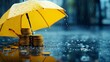 © kinara art design - A yellow umbrella shelters stacks of coins from rain, symbolizing protection of wealth.