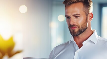 Wall Mural - A man with a beard is looking at a computer screen