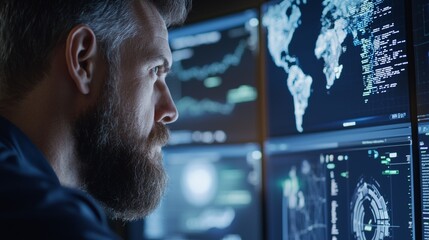 Canvas Print - A man with a beard is looking at a computer screen with multiple monitors