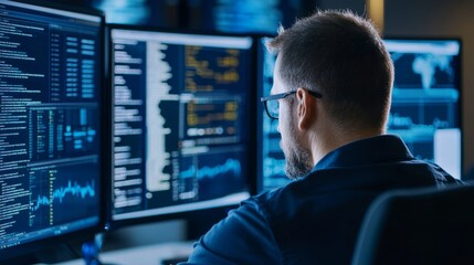 A man is sitting in front of three computer monitors