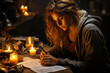 © Sebastian - A solitary figure journaling by candlelight, the atmosphere intimate and reflective. Concept of night-time introspection and peace. Generative Ai.