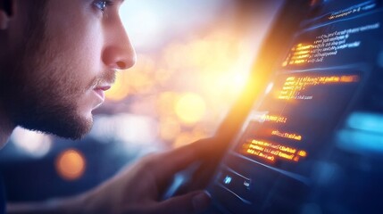 A man is looking at a computer screen with a lot of code on it
