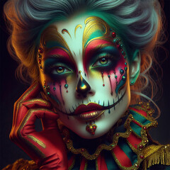 Portrait of a character of the dark moody creepy colorful Circus.