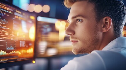 Poster - A man is looking at a computer screen with a lot of numbers and graphs