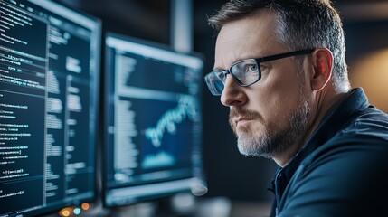 A man is looking at a computer screen with multiple monitors