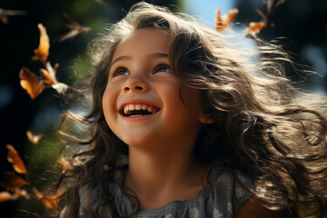 Wall Mural - A child's raven hair glistening under the sun as they play in the park. Concept of youthful energy and joy. Generative Ai.