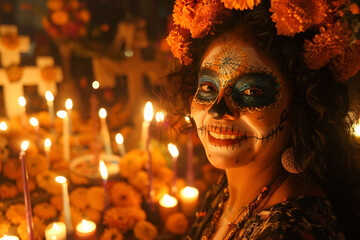 Wall Mural - A young Mexican woman in traditional dress with her face painted as a Catrina next to a Day of the Dead altar. Concept of Day of the Dead, Mexican tradition, and culture.