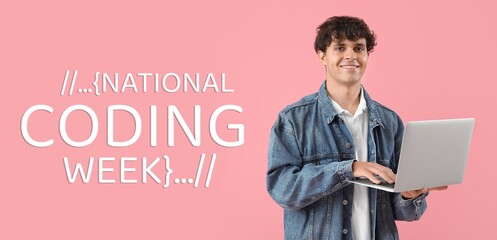 Poster - Male programmer with laptop on pink background. Banner for National Coding Week